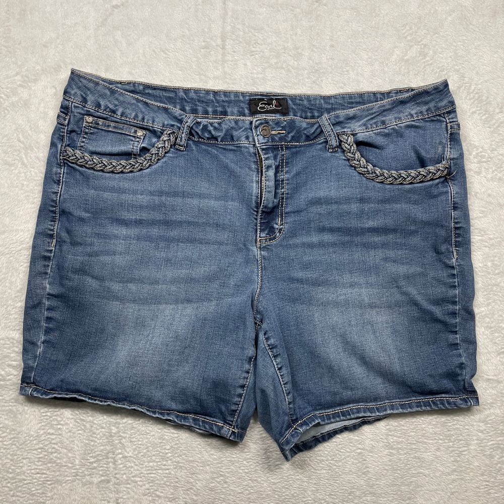 Earl Jean Denim Shorts Womens 20W Blue Medium Wash Braided Trim Stretch Casual